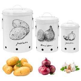 EQEY Kitchen Potato and Onion Storage Bin,Metal Vegetable Storage Bins Set of 3 with Aerating Holes and Lids,Farmhouse Canisters Sets for the Kitchen Countertop (1, Circular)