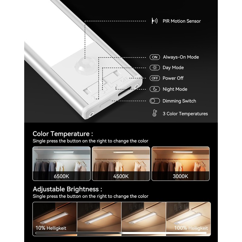FLOWood Wardrobe Lighting with Motion Sensor 24 cm, 3 Colour