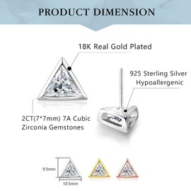 2Carat 7 * 7mm Triangle Cut Cubic Zirconia CZ Earrings Stud,18K Yellow Gold Plated 925 Sterling Silver Bezel Set Studs for Women & Men