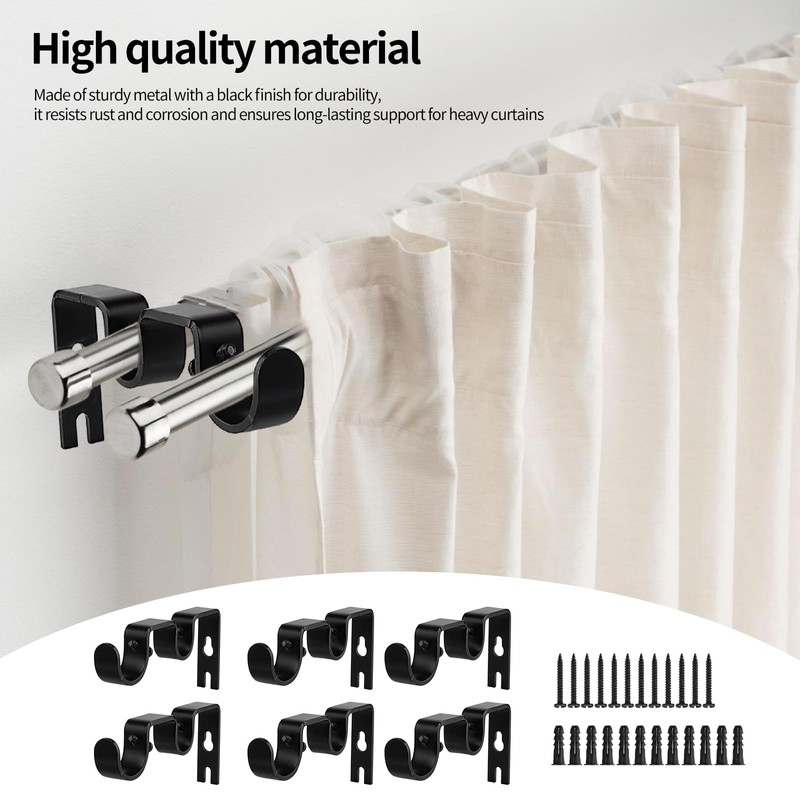 6 Pack Double Curtain Rod Brackets, Heavy Duty Adjustable Curtain