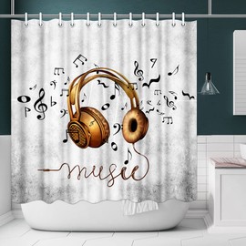 Canvbay Music Shower Curtain Musical Notes Rhythm of The Song Bath Curtain Gold Headphone Black and White Singing Clef Cloth Fabric Bathroom Decor Set with Hooks 72x72inch