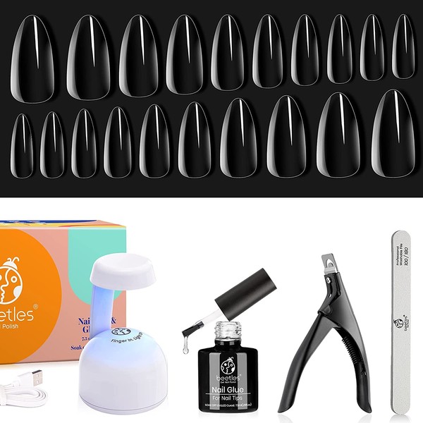 Beetles Gel Nail Kit Easy Nail Extension Set, 2 In 1 Nail Glue Gel Base Coat with Pre-shaped Medium Almond Soft Gel Nail Tips and LED Nail Lamp Acrylic Nail Clipper for DIY Manicure Gifts for Women