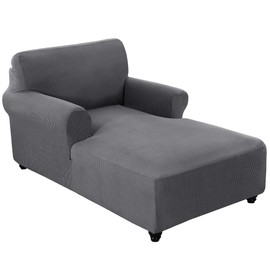 FantasDecor Chaise Lounge Cover Stretch Chair Lattice Slipcover with Armrests for Living Room Bedroom Double Arm Soft Jacquard Fabric Machine Washable, Grey