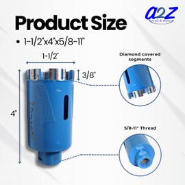 Justcut Diamond Core Drill Bits 1-1/2" Inch for Granite, Concrete, Brick, and Engineered Stone, Laser Welded Turbo Segments Hole Saw 5/8-11" Thread (1-1/2" Pack of 1)
