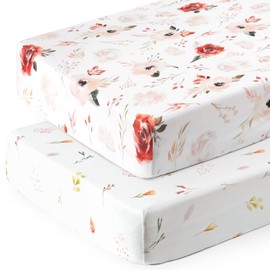 Stretch Ultra Soft Jersey Knit Fitted Crib Sheets Set 2 Pack, Fits All Standard Crib Mattress Pads Safe and Snug, Crib Fitted Sheet for Baby, Pretty Watercolor Rose Flora for Baby Girls, Orange Pink