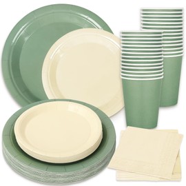 Whaline 100Pcs Ivory Sage Green Tableware Set Wedding Disposable Dinnerware 50Pcs Paper Plates 25Pcs Napkin 25Pcs Cups For Birthday Party Supplies Table Decor