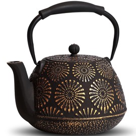 MILVBUSISS Cast Iron Teapot, 40oz Tea Kettle with Infuser for Stove Top, Sakura Design Japanese Tea Pot for Loose Leaf Coated with Enameled Interior, Silicone Handle 1200ml Black