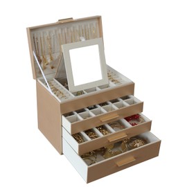 BOOVO 4 Layer Jewelry Box for Women, Jewelry Organizer Box with Necklace Hooks, 3 Drawers White Jewelry Box for Sunglasses, Necklace and Bracelet Storage (Gold)