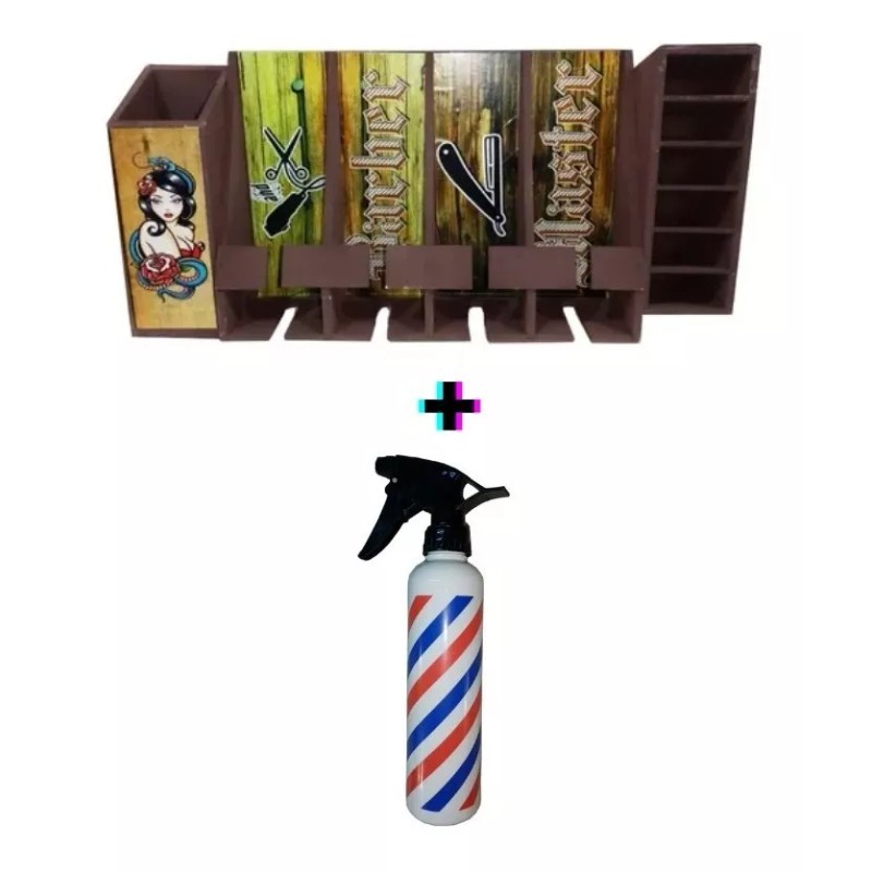 Porta Maquinas Vintage De Madera Para Barberia + Atomizador