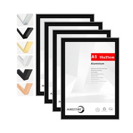 HIMEETIME® 4 x Picture Frames DIN A5 14.8 x 21 cm Black Metal Frame, Document Frame 14.8 x 21 cm, Metal Frame Aluminium Picture Frame Poster Aluminium Picture Frame A5 Photo Frame