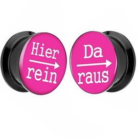Piersando Ear Plug Piercing Plastic with "Hier rein Da Raus "Hier rein Da Raus" [German Language] Black Motif Comic Picture Pink 24 mm 1 Pair Set of 2