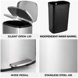 13.2 Gal Kitchen Trash Can, 50L Recycling or Garbage Bin, Brushed Stainless Steel Waste Basket, Soft&Quiet Close Dustbin, with Step-On Pedal, Removable Inner Bucket, for Home, Office, LIving Room