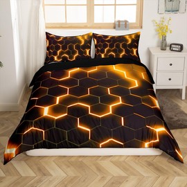 Homewish Orange and Black Print Single Bed Duvet Cover Set Neon Ombre Geometric Bedding with 1 Pillowcase, Modern Abstract Honeycomb Comforter Cover Beehive Simplistic Bed Set, Reversible