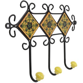 GURU SHOP Triple Coat Hooks, Boho Wall Hooks with Tiles, Vintage Coat Hooks, Towel Holder - Model 14, Yellow, 21 x 28 x 6 cm, Wall Hooks Made of Wood, Metal and Ceramic