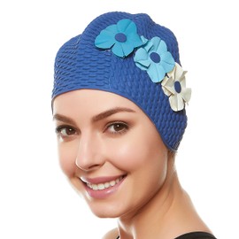 BEEMO Swim Bathing Caps for Women Latex Triple Flowers-Navy w/Blue Colored Flowers