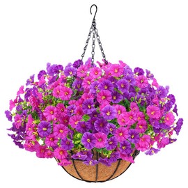 Artificial Hanging Flowers for Outdoors, UV Resistant Fake Flowers with Hanging Baskets, Artificial Flowers for Decoration Outdoors Garden, Spring Decor for Patio Porch (With Basket):_Purple+Purple Red(20pcs)