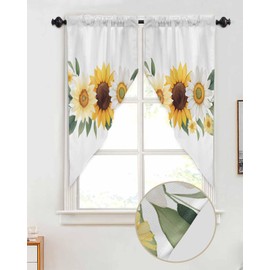 BEMIGO Swag Valances for Windows, Spring Sunflower Rod Pocket Kitchen Window Curtains Over Sink, Watercolor Pastoral Window Curtain Panel Swag Curtains Valences, 36 Inches Length