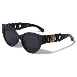 Kleo Glorious - Oversized Retro Rounded Cat Eye Side Floating Lion Head Medallion Hip Hop Sunglasses LH-P4081 (Black)