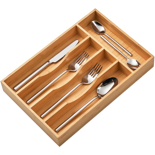 Umilife Bamboo Kitchen Drawer Organizer, 8.25 Inch Silverware Utensils Tray