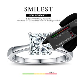 SMILEST Moissanite Rings for Women, 1.5ct Princess D Color VVS1 Clarity Moissanite Ring Rhodium Plated Solid 925 Sterling Silver Solitaire Moissanite Engagement Rings for Women Jewelry Gifts