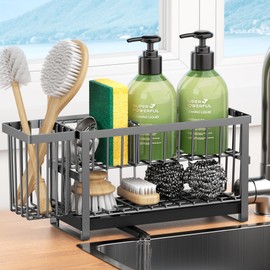 Liuoud Sponge Holder for Kitchen Sink, 2 Tier Sink Caddy Organizer Countertop with Dish Brush Holder and 360° Drain Tray, Rustproof Stainless Steel Dish Soap Storage Rack Set for Accessories Grey