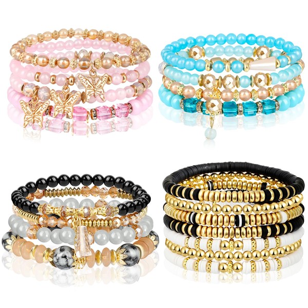 Hicdaw 4 Sets Bohemian Beaded Bracelets for Women Colorful Stretch