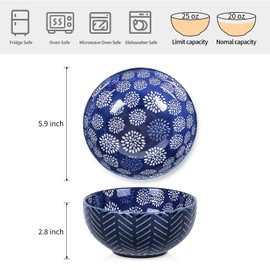Selamica Ceramic Cereal Bowls Set 25 OZ, Embossed Soup Bowls, Dessert Bowls 5.9 Inch Ceramic Kitchen Bowls for Ramen Oatmeal Fruits, Microwave Dishwasher Safe, Set of 4, Blue
