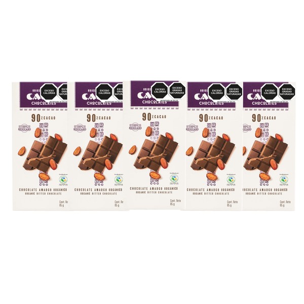 CACEP | Chocolate Orgánico Amargo 90% cacao | 5 Pack barras de 85g c/u | Bajo en azúcar | Sin lácteos | Vegano | Snack Saludable