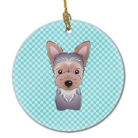 Checkerboard Blue Yorkie Puppy Ceramic Ornament BB1170CO1