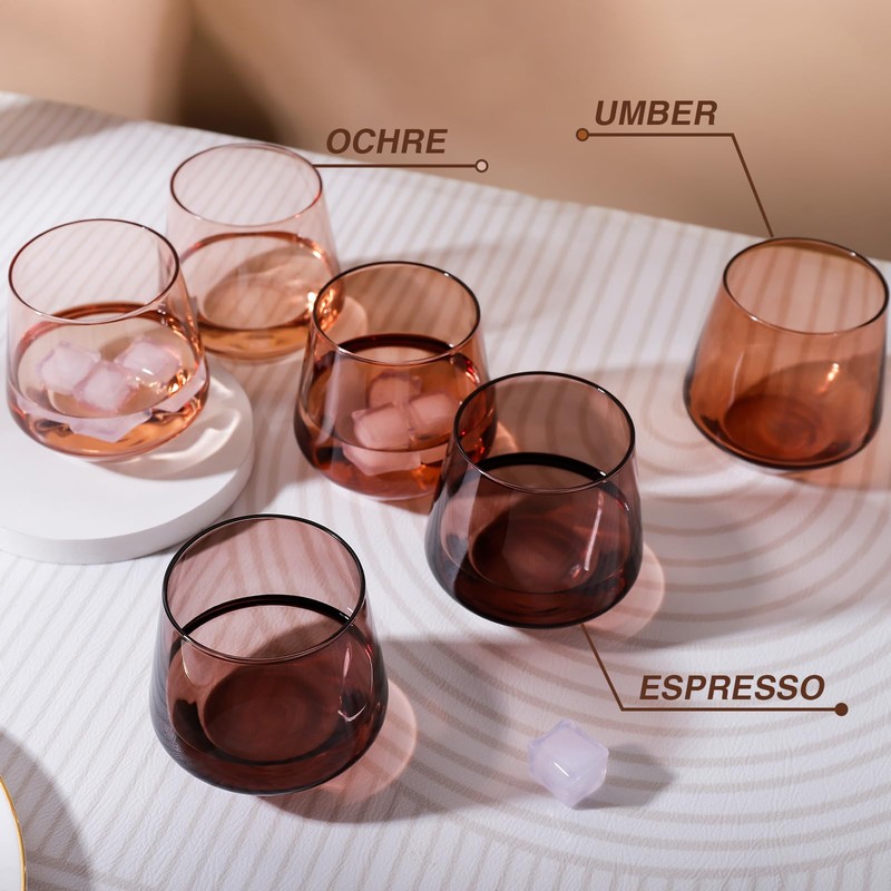 Colorsavant Venus Stemless Brown Wine Glasses Set 6-14oz, Melanin Colored,