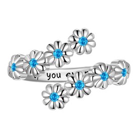 LYTTMAB Dainty March Birthstone Aquamarine Daisy Sunflower Ring For Women, Sterling S925 Silver Birth Flower Ring, Ring for Mom Mother Daughter