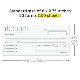 2-Part Receipt Book for Small Business, 6 x 2.75 Inches, 50 Forms/100 Sheets, White & Yellow Pages, Back Chipboard Support, Small Business Must Haves (Receipt Book - Model F)