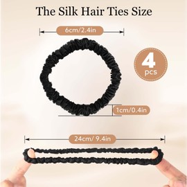 Hebterrka Pack of 4 Mulberry Silk Hair Ties, 22 Momme 100% Pure Mulberry Silk Hair Bobbles for Hair and Sleep, Small Silk Hair Bobbles for Women, Black x 4