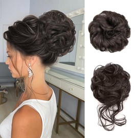 MSCHARM 2PCS Messy Bun Hair Pieces Wavy Curly Hair Bun Synthetic Updo Hair Pieces for Women Fake Scrunchies Ponytail Extension Daily Wear Updo Donut Chignons #4 Brownish Black
