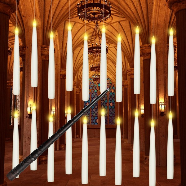 Boribim Halloween Decorations, 20PCS Floating Candles with Magic Wand Remote, 6.6" Hanging Flameless Taper Candles, Flickering Warm Light LED Candles Decor for Christmas, Wedding, Theme Party