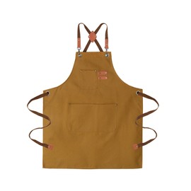 ARBINSON Chef Aprons for Men Women Canvas Apron with Large Pockets, Heavy Duty Work Apron with Adjustable Neck Strap, Mens Tool Aprons for Cooking, Gardening, Woodwork(Brown)