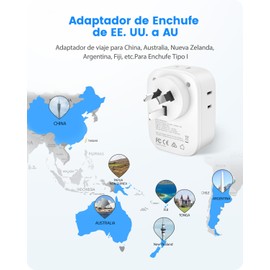 LENCENT 1X Adaptador de Enchufe Australiano Tipo I, Adaptador de Corriente para AU, Cargador con 4 Salidas CA&2 USB-C+2 USB-A, Adaptador para Viaje de México a Australia, Argentina, China, Fiyi