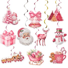 Pink Christmas Hanging Swirls Decorations, 20 Pcs Pink Xmas Theme Party Ornaments Merry Christmas Hanging Foil Ceiling Decor Party Streamers for Indoor Outdoor Christmas Winter Holiday Party Supplies