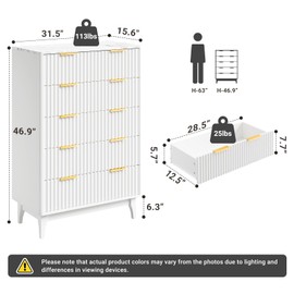 ELYKEN 31.5" Wide Fluted Tall Dresser, White Chest of Drawers for Bedroom, Wood 5 Drawers Dresser with Faux Marble Top & Gold Handle, Modern Large Storage Drawer Organizer for Living Room, Hallway