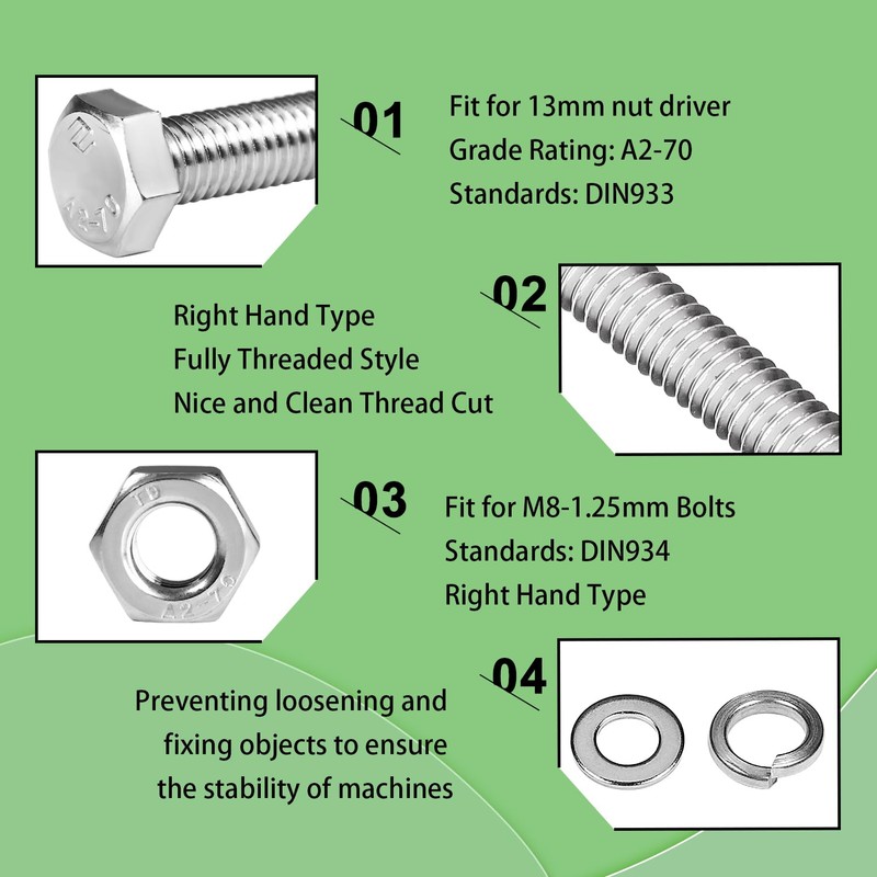 M8x50mm Hex Bolt with Hexagon Nut, Flat Washers, Spring Washers