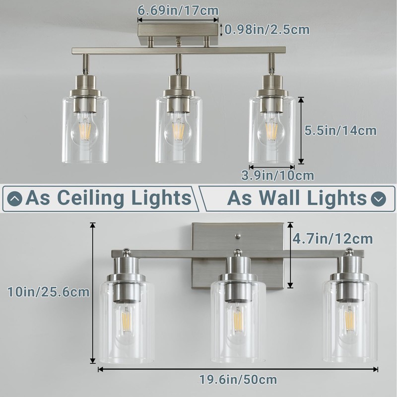 LOUSACE 3-Light Brushed Nickel Track Lighting Kit with Clear Glass,