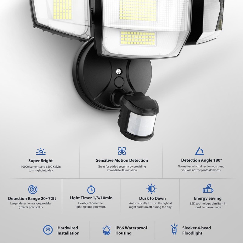 Onforu 90W 10000LM LED Motion Sensor Outdoor Lights, 4-Head Dusk