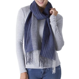 NOVICA Artisan Handwoven Baby Alpaca Blend Scarf in Blue from Peru Wool Accessories Scarves Striped ' Soft Texture in Blue'