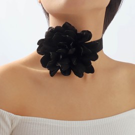 Inateannal Boho Black Velvet Choker Necklace Black Flower Rose Choker Necklace 3D Rose Necklace Large Flower Velvet Necklace Velvet Suede Collar Necklace Jewellery for Women and Girls, Zinc, No