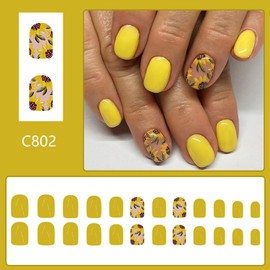 Tyuimhx Sun Flowers Press on Nails Short Square Fake Nails Yellow False Nails With Sunflowers Designs Full Cover Stick on Nails Acrylic Spring Summer Artificial Nails for Women Glue on Nails 24 Pcs
