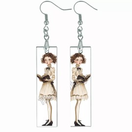 the fun things Young Girl Reading Book Earrings NO TARNISH Wood Bar Bibliophile Bookworm Gift