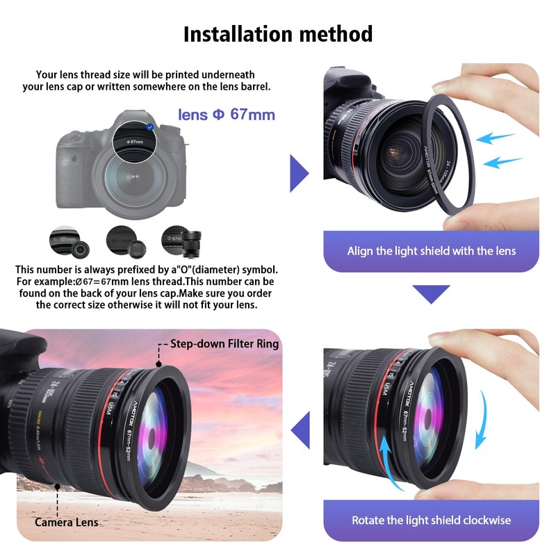 67mm Lens to 52mm Camera Lens Adapter,67mm-52mm Filter Step-Down Ring,Compatible