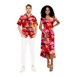 Matchable Couple Hawaiian Luau Shirt in Sunset Red, Men, XL