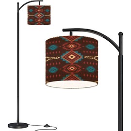 LOPYEIJFG Modern Arc Floor Lamp with Dimmer Mid Century Native American Southwest Seamless Tribal Geometric Print Ethnic Metal Standing Lamp with Linen Shade Footswitch for Living Room Bedroom Office
