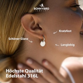 BONNYBIRD® BonnyCoin Creole Earrings with Flap - Premium Hoop Earrings with Pendant Made of Stainless Steel in Silver, Gold & Rose Gold, 100% Waterproof and Skin-Friendly (14 mm), Stainless Steel